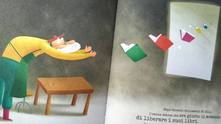 Il giardiniere dei sogni davanti alla finestra lascia che le sue storie, ora libri coloratissimi, volino via alla ricerca del loro posto