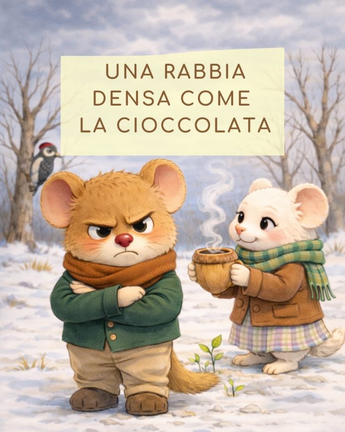 Copertina con Ghiro Gino nella sua giacchetta verde pantaloni beige e sciarpa marrone ed espressione molto irritata. Leggermente più indietro Ghiro rosa con una tazza a forma di ghianda piena di cioccolata fumante. Sullo sfondo il cielo grigio, neve e alberi spogli.