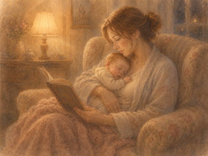 Illustrazione acquerello di una mamma seduta in poltrona che legge ad alta voce al suo neonato addormentato sul petto: una scena notturna e raccolta che racconta i benefici del leggere ai neonati fin dai primi mesi di vita.