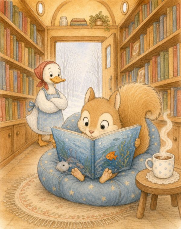 UNO SCOIATTOLO IN FONDO AL MARE - ARTURO SI TUFFANELLA LETTURA DEL LIBRO COMODAMENTE SEDUTO SU UN CUSCINO BLU ASTELLINE NEL BIBLIOBUS