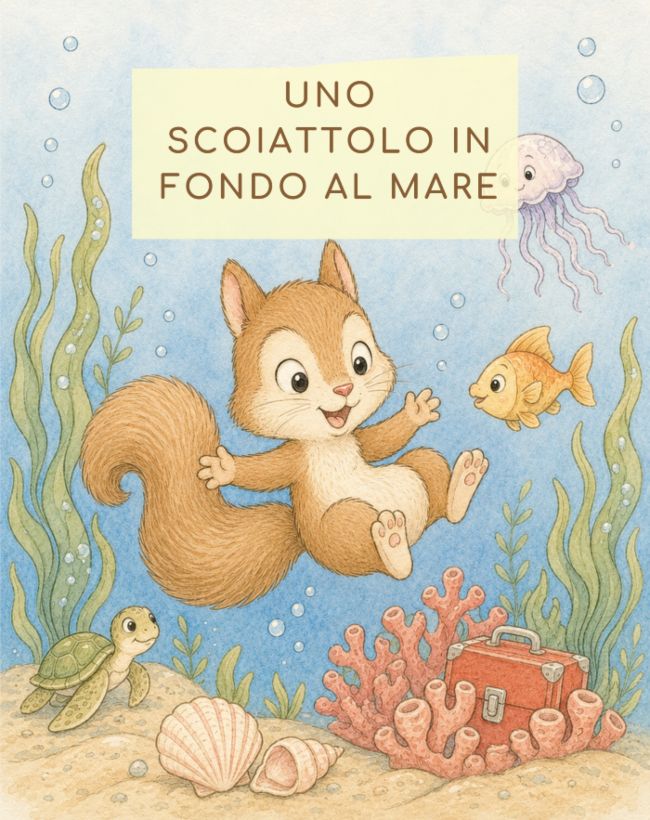 COPERTINA DEL RACCONTO UNO SCOIATTOLO IN FONDO AL MARE - ARTURO FELICE IN FONDO AL MARE. FRA PESCI D'RO, MEDUSE, ALGHE E CONCHIGLIE E CORALLI. SULLO SFONDO LA VALIGIA ROSSA.